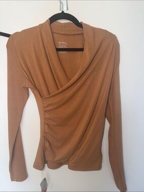 OGL Wrap-Front Long Sleeve Top in Camel Brown